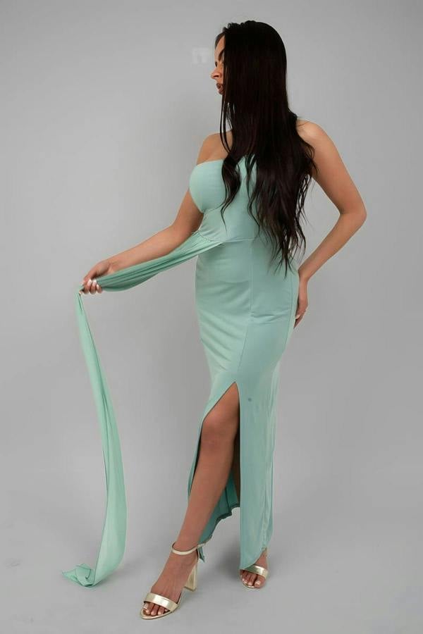 Celeste High Slit Draped Scarf Maxi Dress - Sage