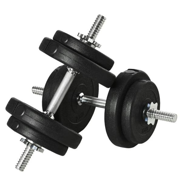 Black adjustable dumbbell with stacked weight plates and threaded steel rods