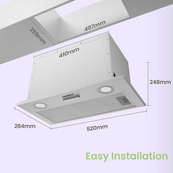 52cm Metal Insert Range Hood Cooker Extractor with 3-Speed Modes Living and Home