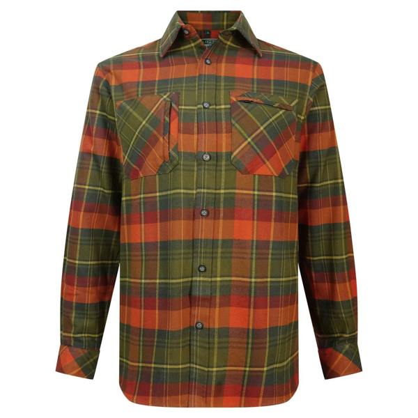 Hoggs of Fife Autumn Hunting Shirt laid flat, orange and green check design with long sleeves, made for country sports or workwear