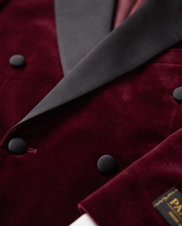 Pamoni Burgundy Double Breasted Velvet Tuxedo Blazer