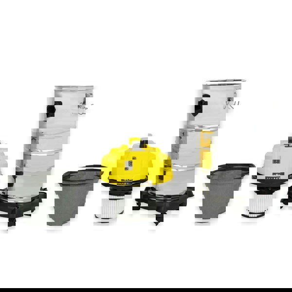 Gutter vacuum poles and a 30L wet and dry vacuum with a yellow motor, silver canister, and gray filter bag for versatile cleaning