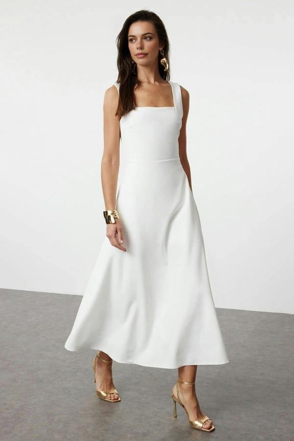Square Neck Thick Strap A-Line Midi Dress