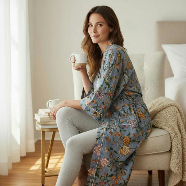 Hayley & Co Pale Blue Floral Block Print 100% Cotton Dressing Gown