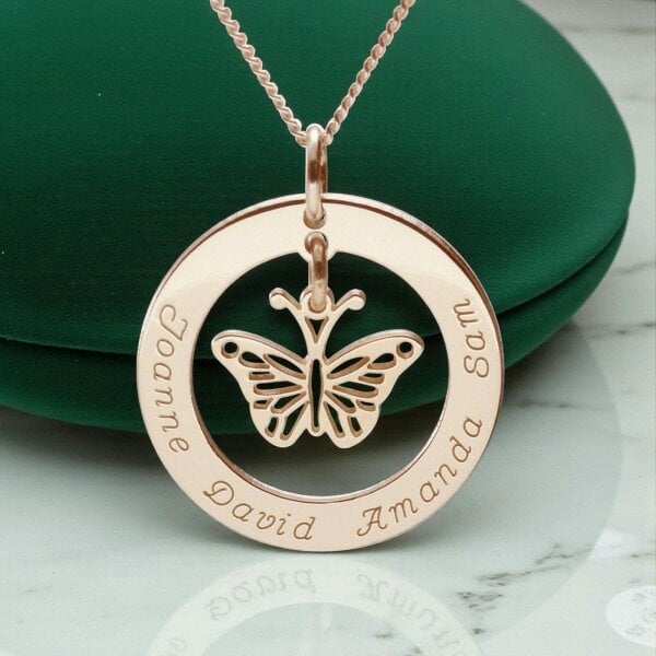 Christopher James of London 9ct Rose Gold Plated Personalised Disc With Hanging Butterfly Pendant Necklace