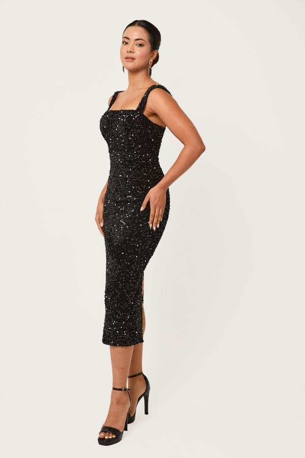 LuvForever Elis - Black Sequin Midi Dress