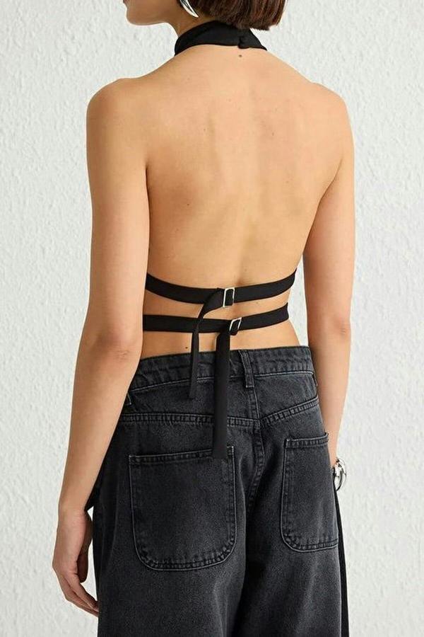 WOVCOR Backless Halter Neck Woven Blouse