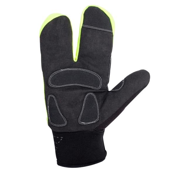 Optimum NiteBrite lobster cycling glove palm view, black padded grip palm with fluro yellow trim, on white - Optimum