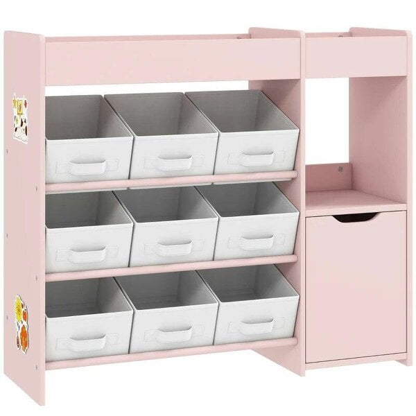 Bobobiy Kids Toy Storage, 9 Removable Fabric Bins, Wooden Toy Storage Units for Toys and Books for Bedroom, Nursery, Pink