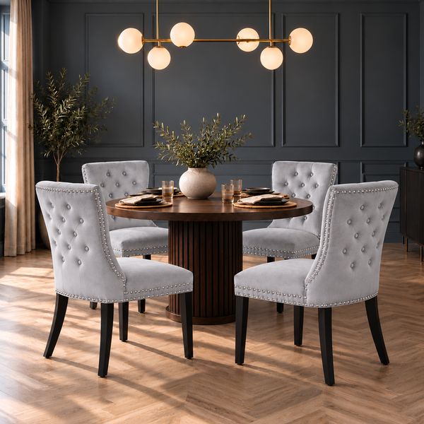 Neo Set of Four Grey Studded Velvet Dining Table Chairs with Ring Knocker Detail