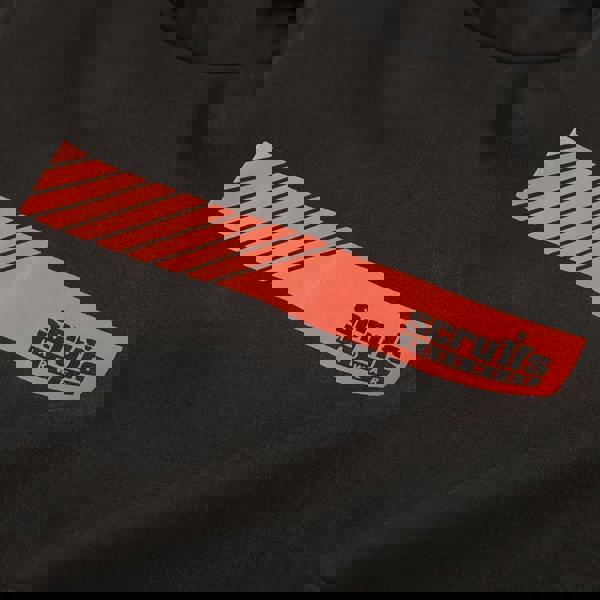 Scruffs Tech Mens Winter Warm Hooded Hoodie Sweat Shirt Jumper, close-up of black hoodie with red graphic logo and stripe design.