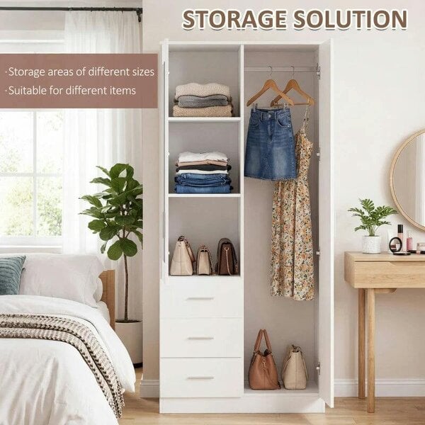 Bobobiy 2 Door 3 Drawer Mirrored Wardrobe with Hanging Rail, Modern Clothes Storage Cupboard with Mirror, 80 x 50 x 180 cm, White