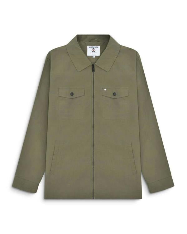 Lambretta Kalmar Mens Military Utility Casual Smart Coat Jacket, green lightweight jacket with front zipper closure, two chest flap pockets with buttons, and two side pockets, designed for versatile casual and smart wear.