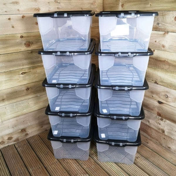 Samuel Alexander 10 x 42L Clear Storage Box with Black Lid, Stackable and Nestable Design Storage Solution