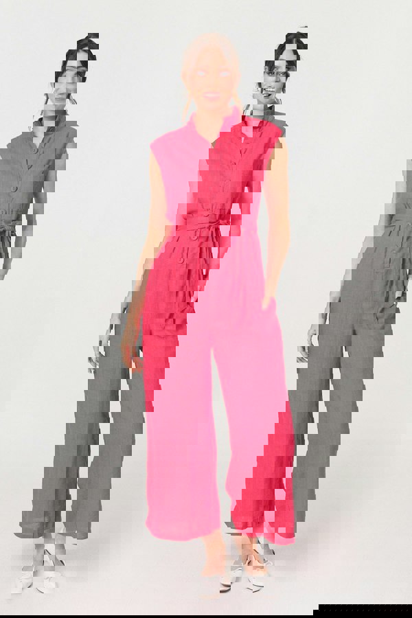 Pink | Sleeveless Tie Waist Button-Up Jumpsuit

