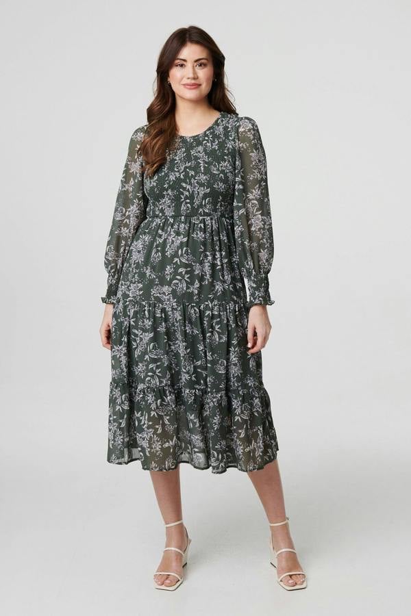 Olive | Floral Semi Sheer Smocked Midi Dress