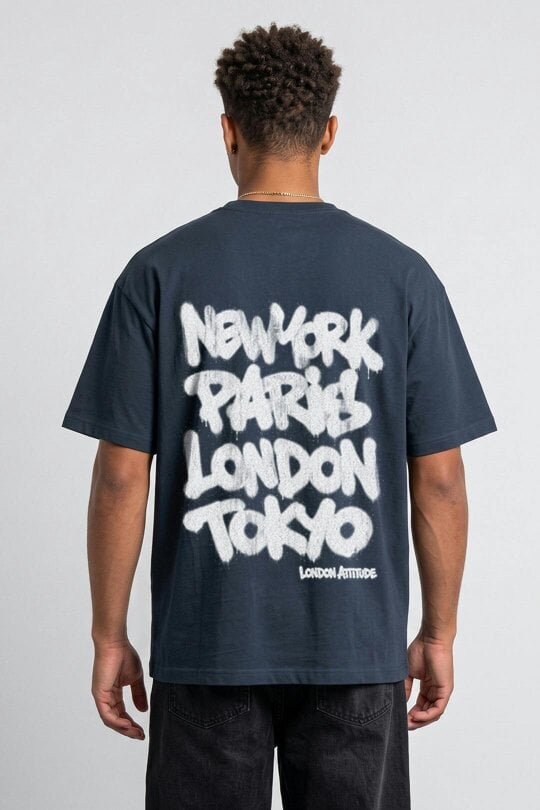 London Attitude Oversized Heavyweight City Graffiti Graphic T-Shirt - Blue Dusk