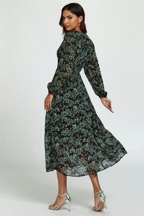 FS Collection Floral Print Long Sleeve Midi Dress In Brown