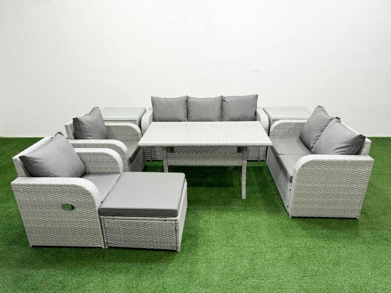 Fimous PE Rattan Garden Furniture Set, Reclining Sofa, Double Love Seat, 2 Seater Lounge, Dining Table, Big Footstool, 2 Side Table, Light Grey