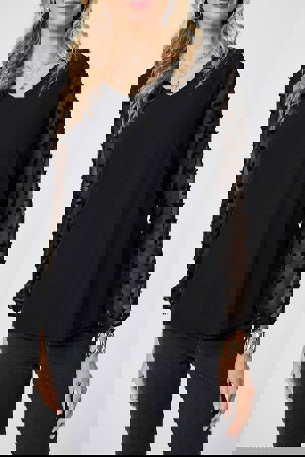 Black | Polka Dot Semi Sheer V-Neck Blouse