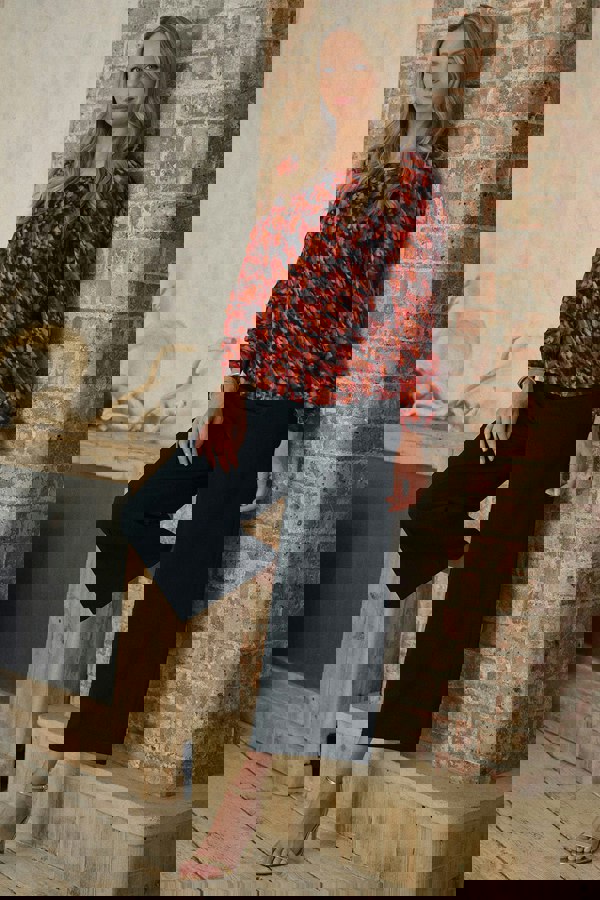 Orange | Printed Semi Sheer Long Sleeve Blouse
