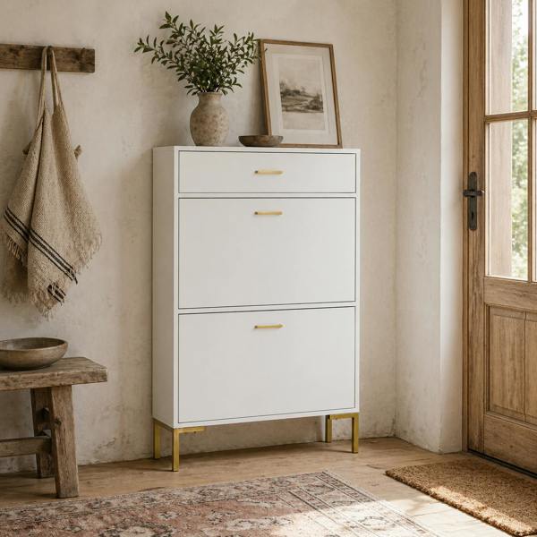 Wyld Haus Suto Wooden White Slim Shoe Cabinet With 3 Drawers For 12 Pairs