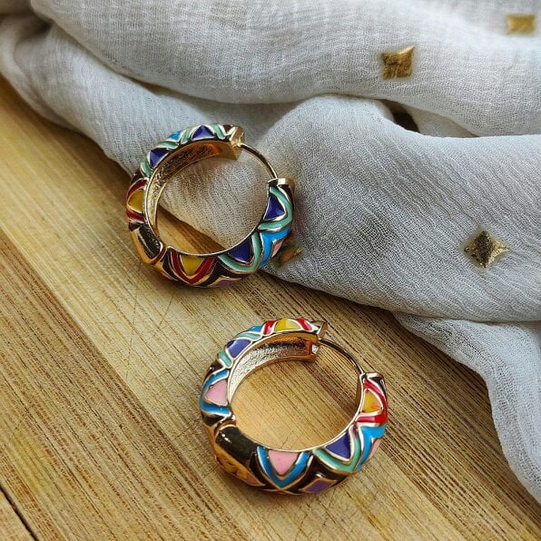 The Colourful Aura Large Enamel Huggie Multicolour Rainbow Dainty Floral Hoop Earrings - Diamond - Diamond