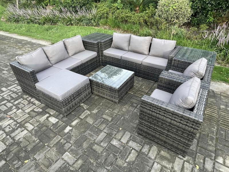 Fimous Rattan Garden Furniture Sofa Set with 2 Armchairs Square Coffee Table Side Table Big Footstool Indoor Side Table 9 Seater Outdoor Rattan Set