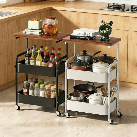Havendro Three-Tier Mobile Storage Cart | Wooden Desktop with Sturdy Metal Frame