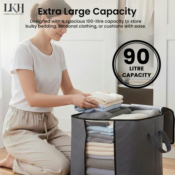LKH HOME COLLECTION LKH Clothes 3 Pack Storage Bags 90L - Foldable Fabric Storage Boxes - Non-Woven with Handles & Zipper for Bedding & Wardrobe