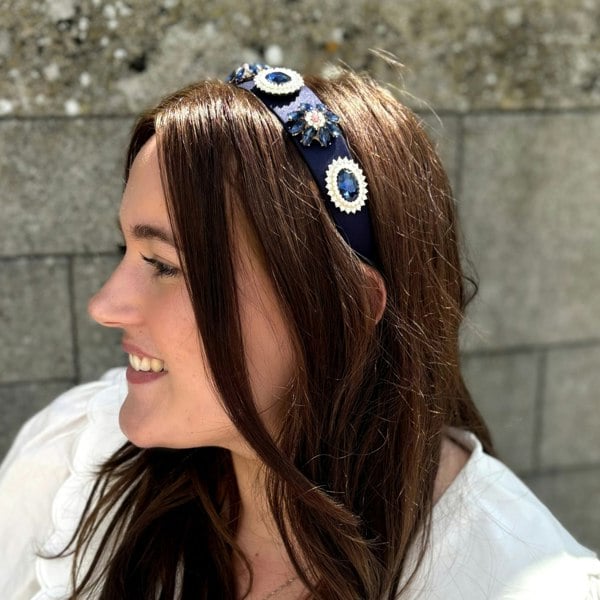 Navy Pearl Jewelled Flower Headband, Navy Blue Bridal Headband With Pearls, Crystal And Pearl Flower Hairband, Elegant Wedding Hair Accessory, Vintage Inspired Navy Hairband