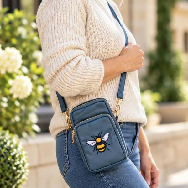 Fores Collection Embroidered Bumble Bee 3 Zip Crossbody Phone Bag - Blue