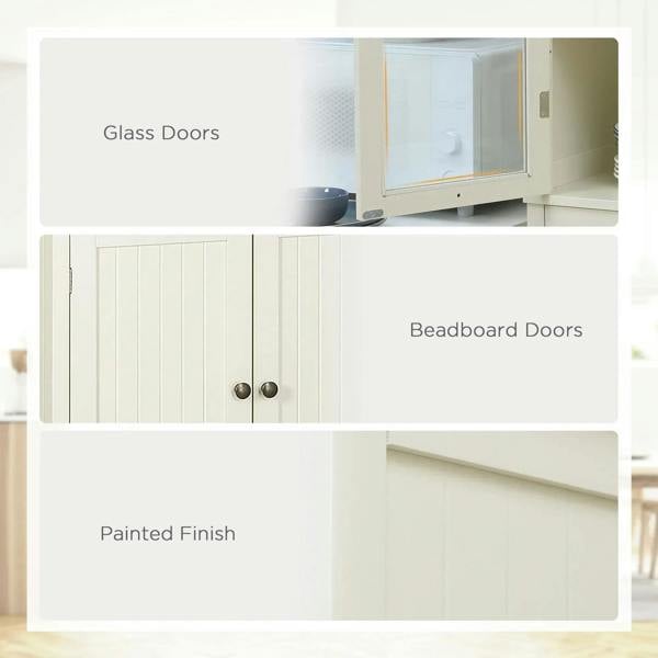 Cream white cupboard with glass doors and painted finish, paneled cabinet doors below