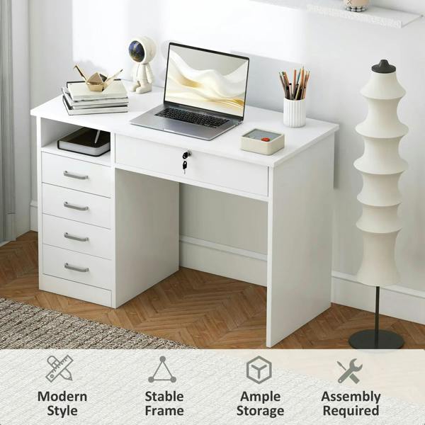White home office desk with lockable drawer and multiple drawers on the left