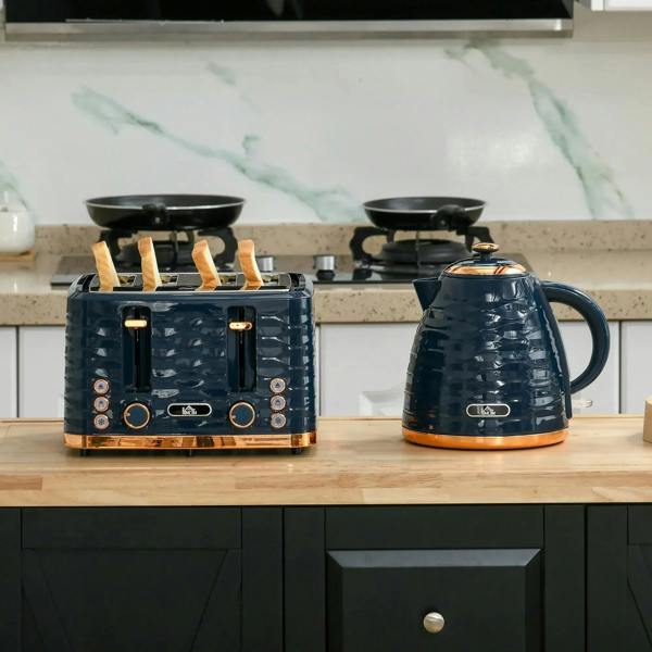 Blue toaster and electric kettle on a wooden counter in front of cabinets