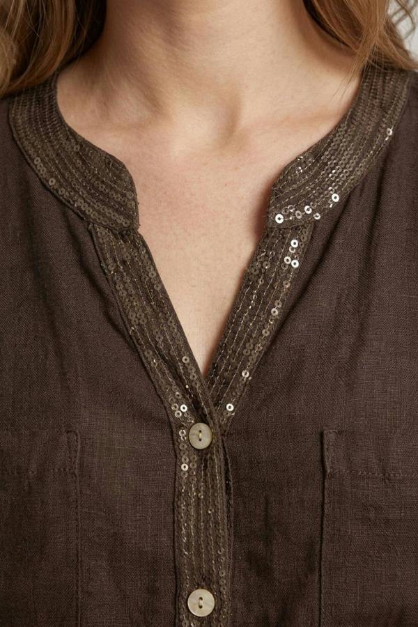Brown | Sequin Trim 3/4 Sleeve Relaxed Shirt