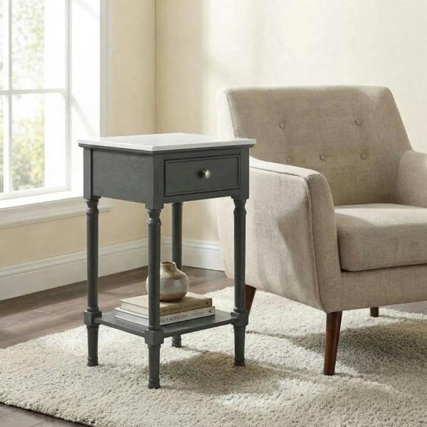 Garden Greatness Marbled Top 1 Drawer Grey Accent Side Table
