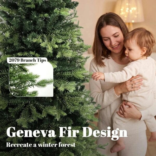 Bobobiy Geneva Fir Hinged Xmas Tree, 7ft/210cm Artificial Christmas Tree with 2079 Branch Tips, Foldable Steel Stand, Green