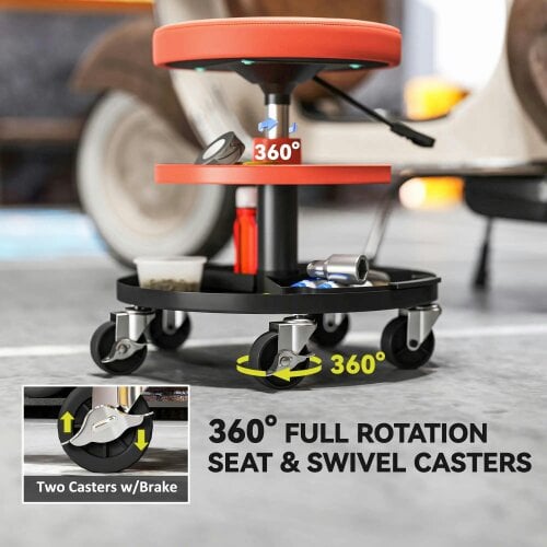 Bobobiy Rolling Mechanic Stool, 135kg Capacity Workshop Stool, 360° Swivel Roller Padded Creeper Seat with Wheels, Yellow