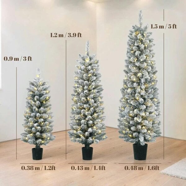 Bobobiy Prelit Snowy Flocked Artificial Christmas Tree Set of 3, Slim Xmas Tree with PVC Tips, 3FT+4FT+5FT
