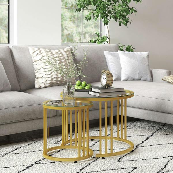 Gold round nesting coffee tables set of 2 with tempered glass tops and steel frames