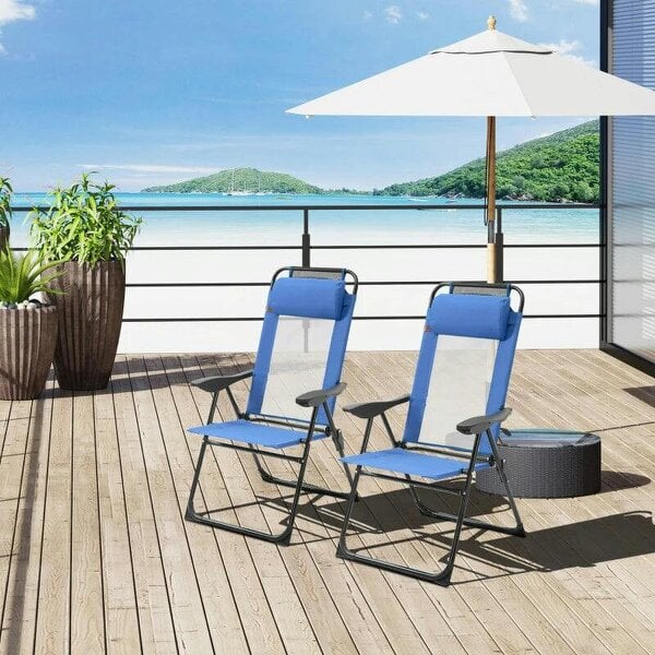Bobobiy Folding Garden Chairs Set of 2, 5-Position Recliner Camping Chair with High Back, Portable Outdoor Dining Chairs with Headrests, Blue - Blue