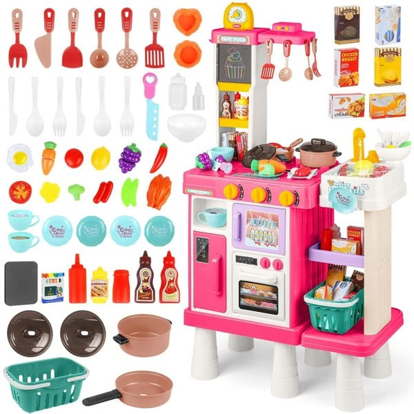 deAO Toys Pink Play Kitchen Set Pretend Cooking Toys with Stove Oven