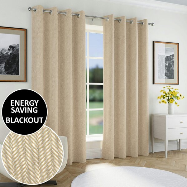 Enhanced Living Chester Herringbone Jacquard Blackout Eyelet Curtains - Bedroom & Living Room - Natural