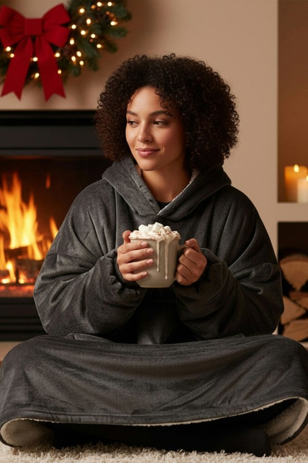 Camille Womens Dark Grey Supersoft Sherpa Fleece Hoodie with Elasticated Cuffs & Giant Pocket