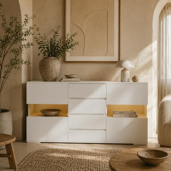 Wyld Haus Latoli High Gloss White Sideboard With Integrated LED Lighting 4 Drawer 4 Doors