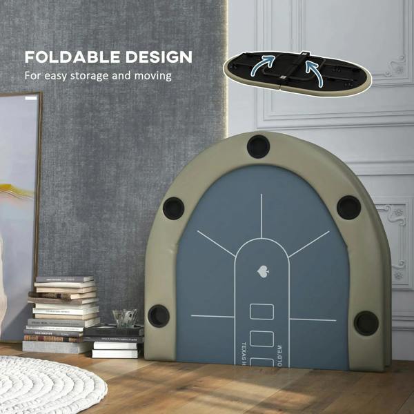 Folding poker table with arched beige frame, blue felt, black cup holder holes, portable design