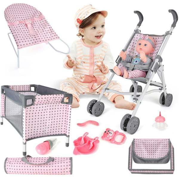 deAO Toys 6-in-1 Baby Doll Playset – Stroller, Doll Bed, Play Mat, Bouncer, Travel Bags & Feeding Accessories, Safe & Durable Gift for Kids 3+