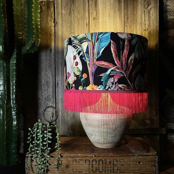 Acid Jungle Lampshade with Gold Lining and Pink Fringing - 16" x 10" - Light On