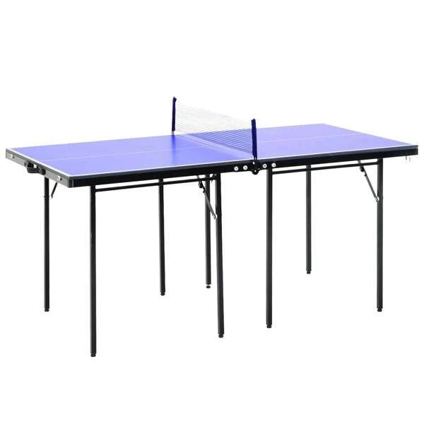 Folding mini table tennis table with blue playing surface and attached net, black legs